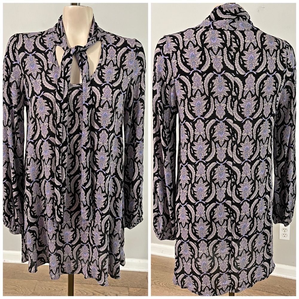 Lani California Boho Floral Tie Neck Mini Dress Tunic Black Purple Paisley S